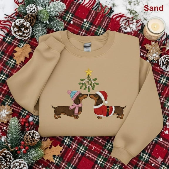Embroidered Dachshund Christmas Sweatshirt, Cute Dog Lover Holiday Crewneck, Funny Cozy Wiener Dog Mom Sweater