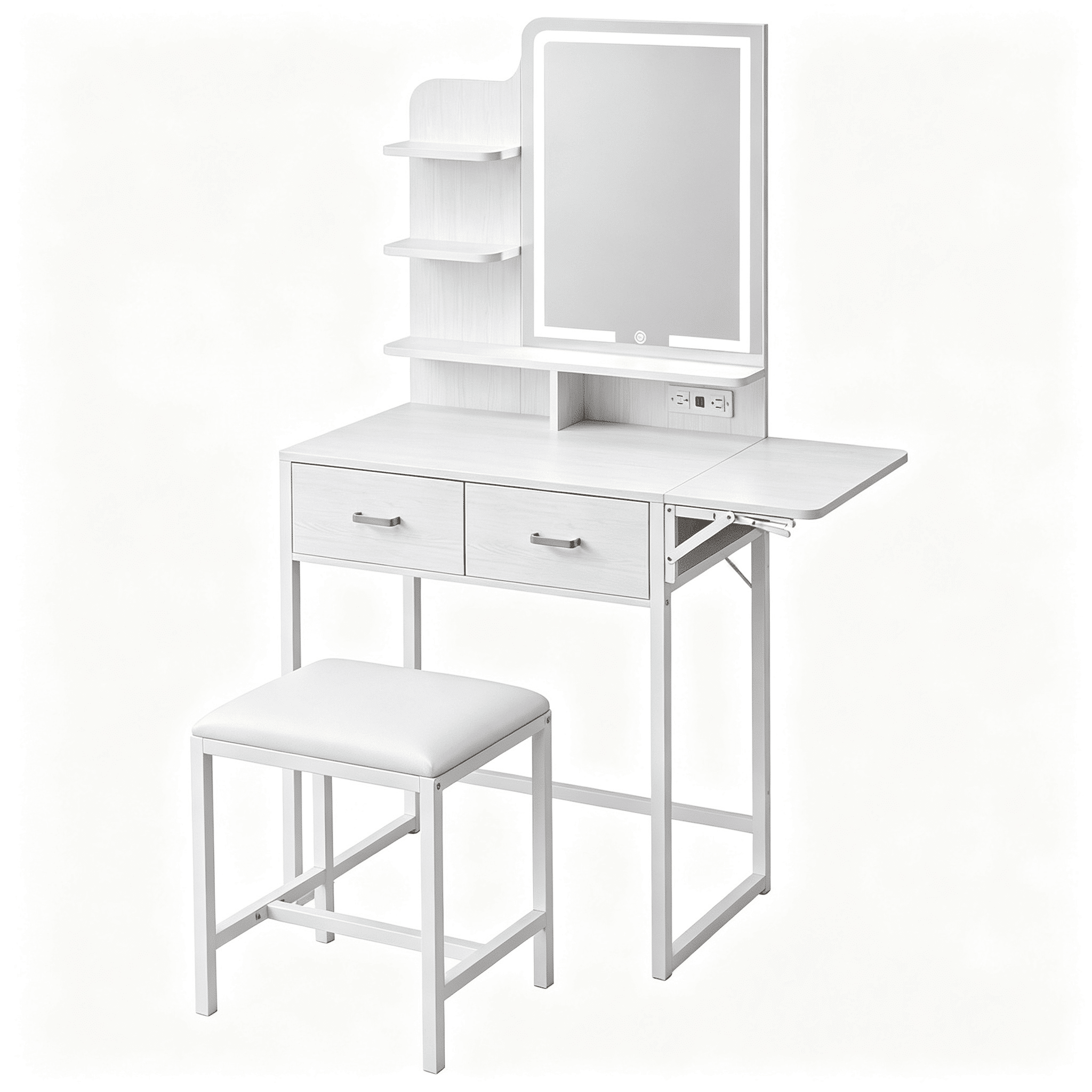 Vanity Desk with LED Lighted Mirror, Foldable Makeup Table Set with 2 Drawers, Cushioned Stool, Built-in Power Outlet and USB Ports, Open Storage Shelves, 32.6 in Extended Width