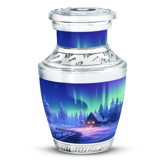 A Cozy Cabin Under Northern Lights - Tiny Cremation Urn for Human Memories - Sleek Mini Keepsake for Adult Ashes - Portable Design - Urns For Human Ashes Adult - 3 Inch, 1 Pc