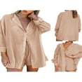 thumbnail image 4 of Women Two-piece Pants Suit  Solid Color Long Sleeve Blouse and Drawstring Elastic Waist Shorts, 4 of 7
