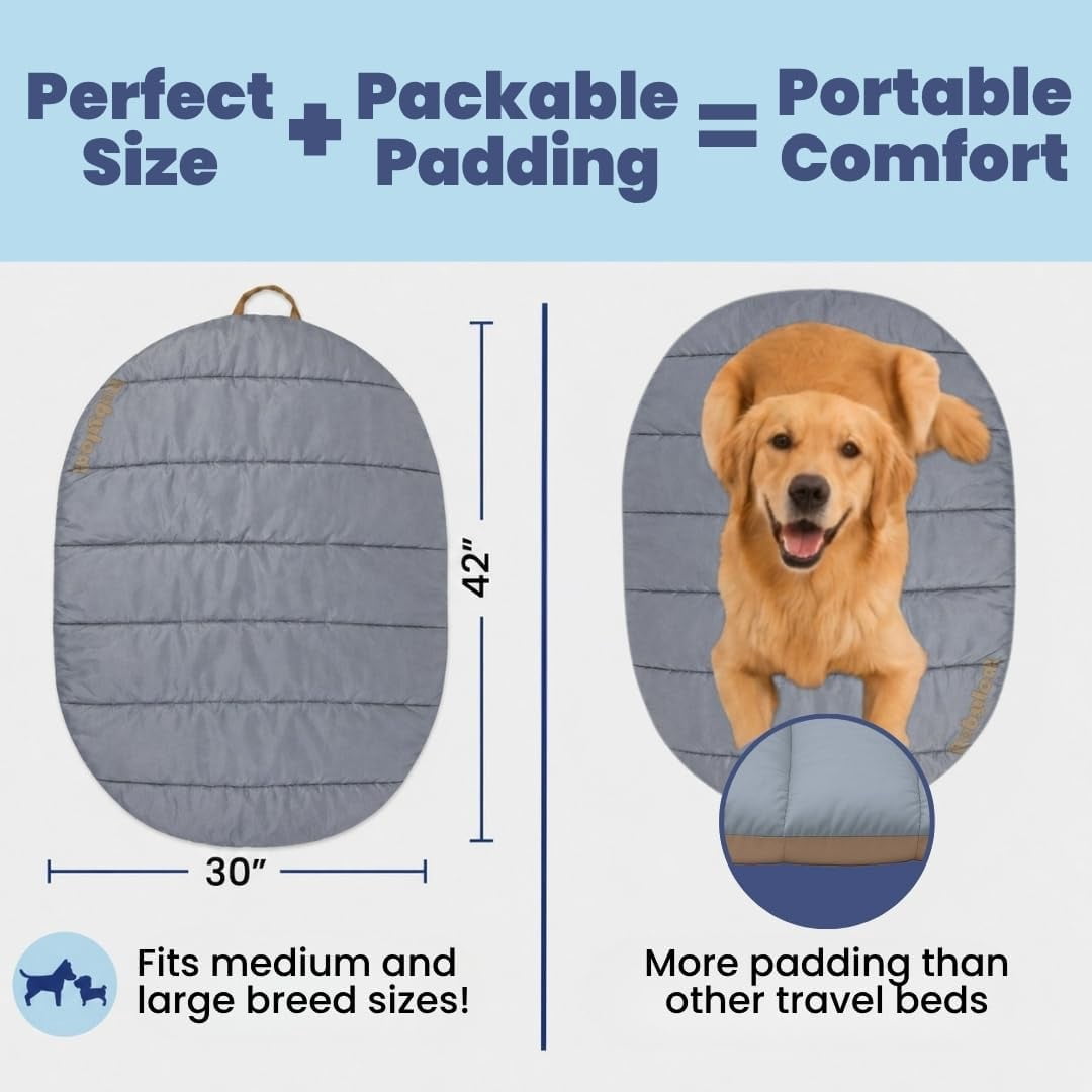 Dog Travel Bed (42" x 30"), Packable Bed for Travel and Road Trips for Medium & Large Breeds, Machine Washable, Grey