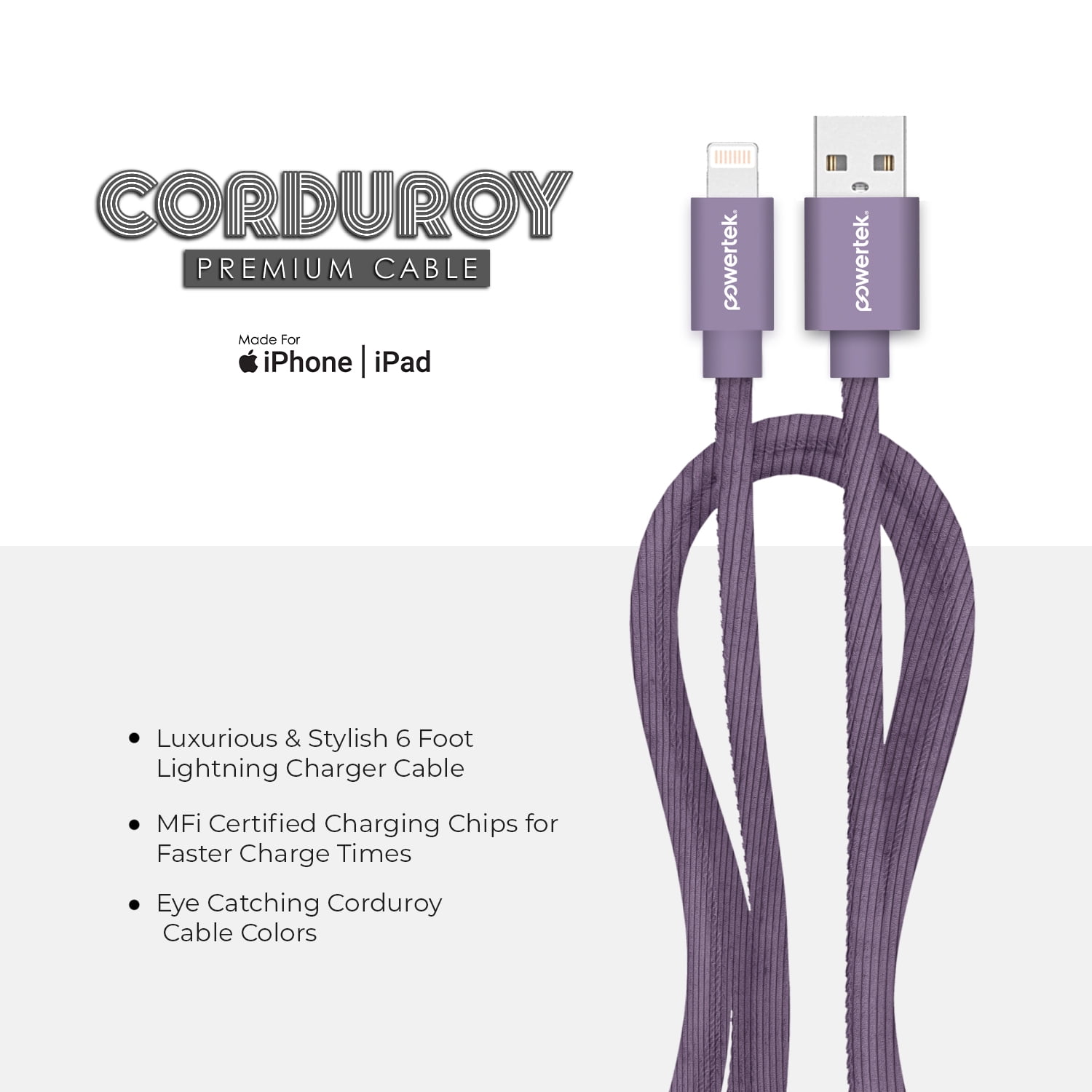 Liquipel Powertek Corduroy USB-A to Lightning - Purple