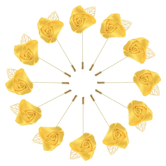 Uxcell 12-Pack Flower Lapel Pins for Men, Golden Leaf Rose Boutonnieres Pin for Wedding/Dance/Party, Flower Corsage Hat Pins [Yellow]