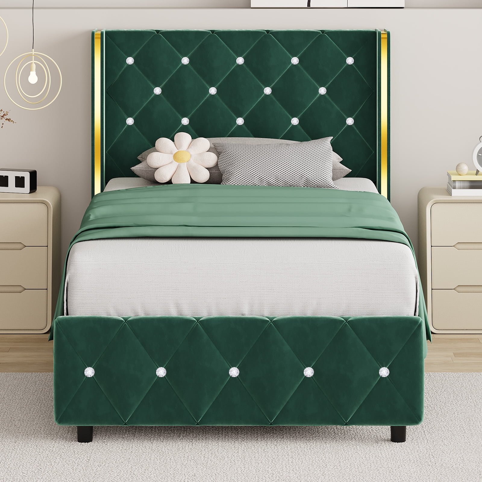4 EVER WINNER Green Twin Velvet Bed Frame, Gold-Trim Button Tufted Headboard, No Box Spring Needed, Easy Assembly