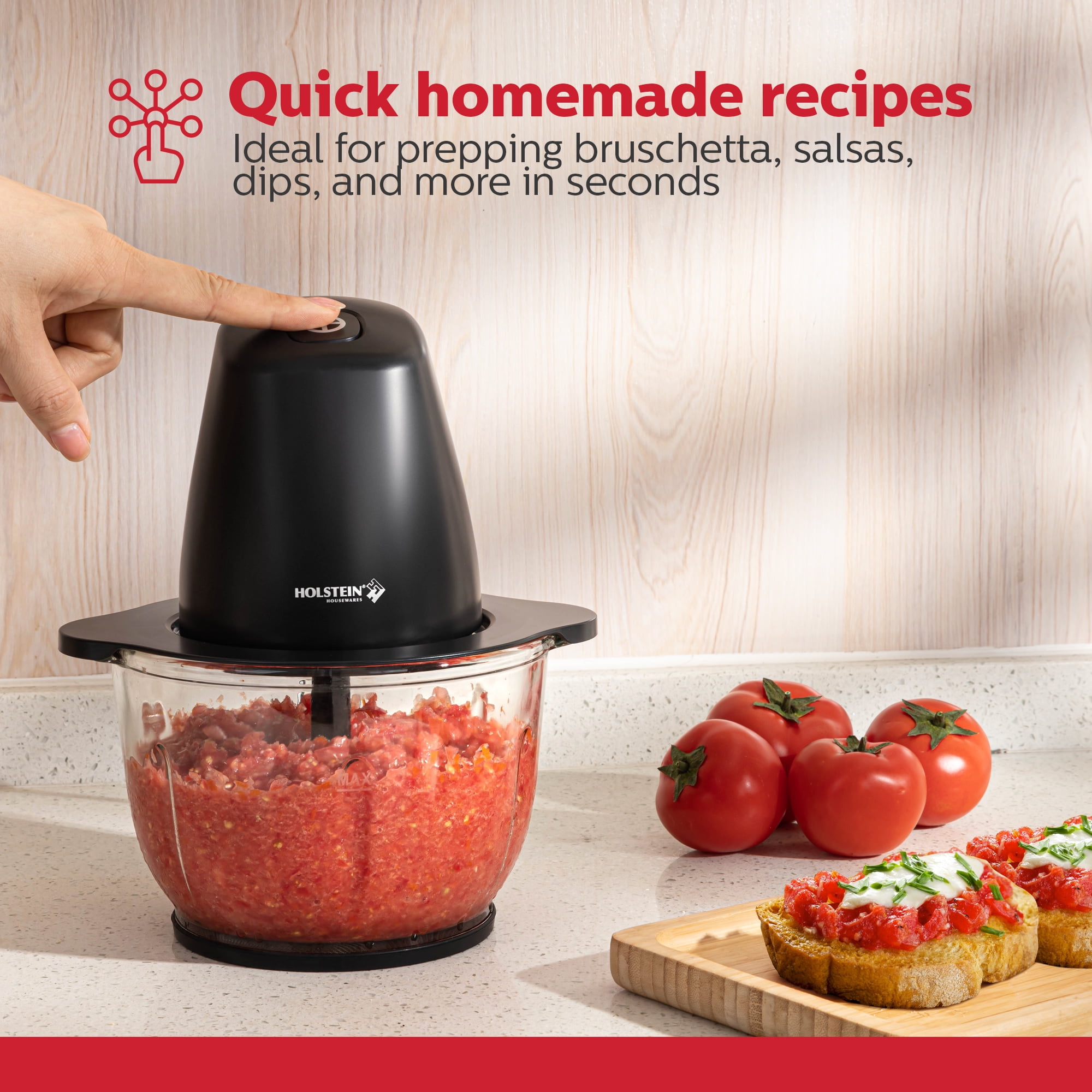 Holstein Housewares Electric Food Chopper – 1.9 QT, 8 Cup, Black, High-Powered Mini Food Processor with Glass Bowl for Chopping, Dicing & Blending, Compact & Easy to Use for Quick Meal Prep 250W