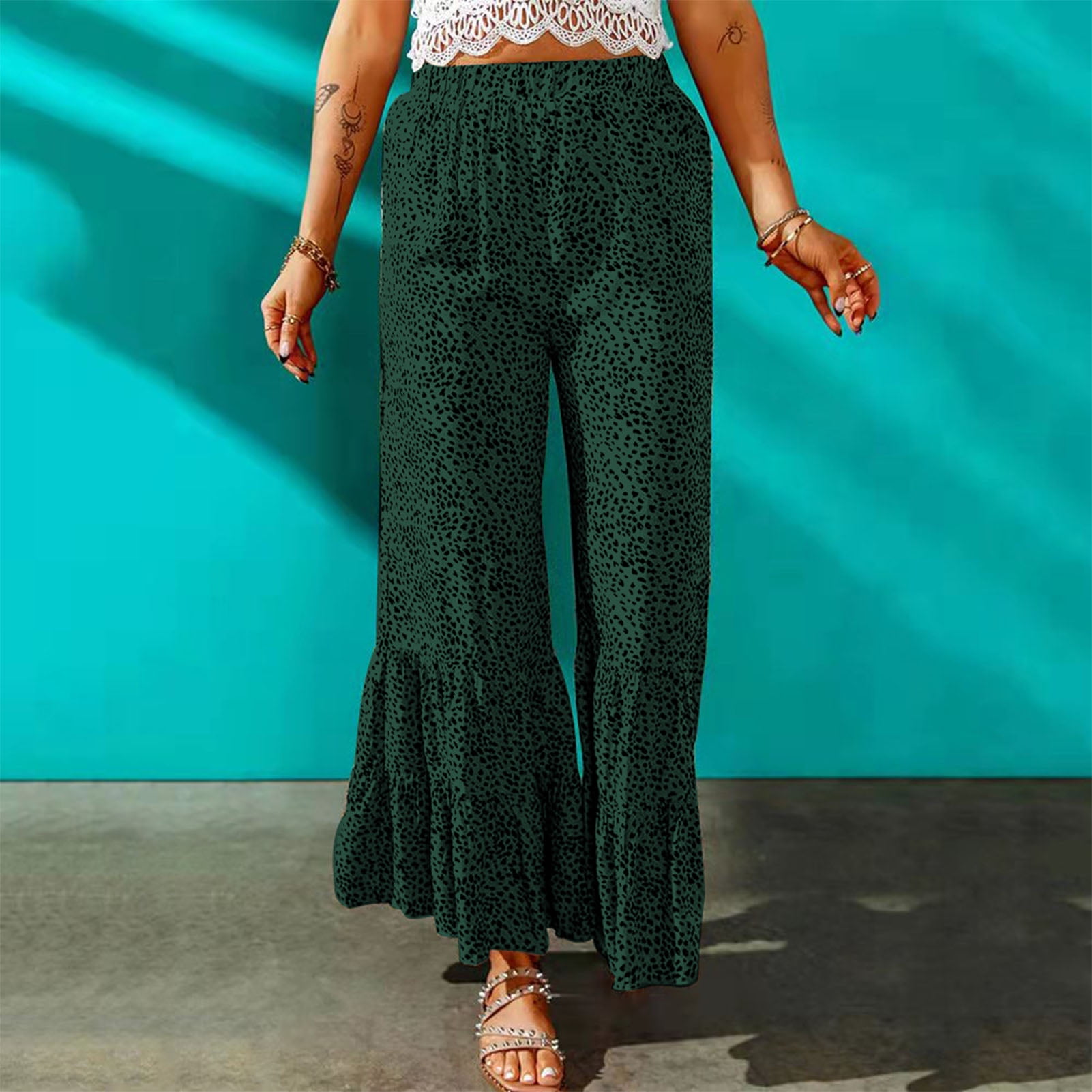 Leopard flare pants green deals