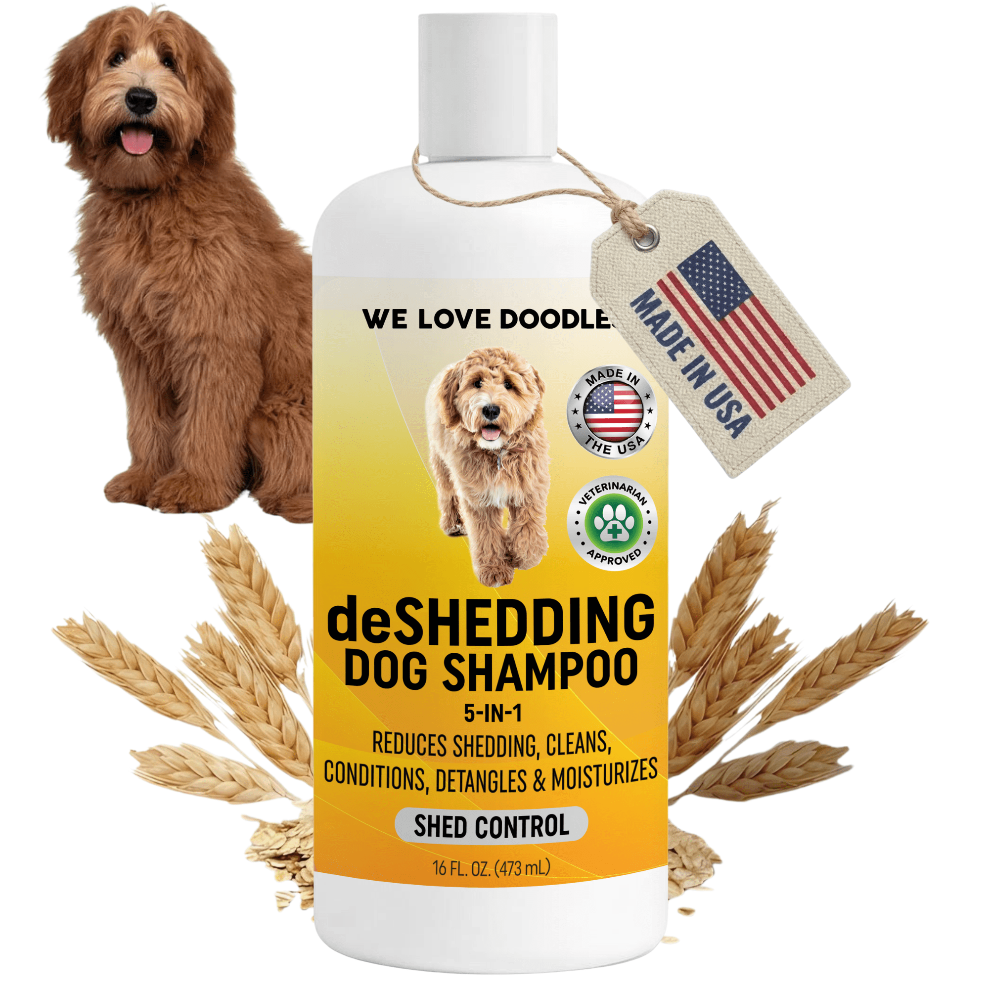 5-in-1 Deshedding Dog Shampoo & Conditioner, Infuses Skin & Coat with Vitamins & Omega 3 Fatty Acids, Anti-Shed for Puppies, Made in USA, Shed Control for Dogs, 16 oz [We Love Doodles]