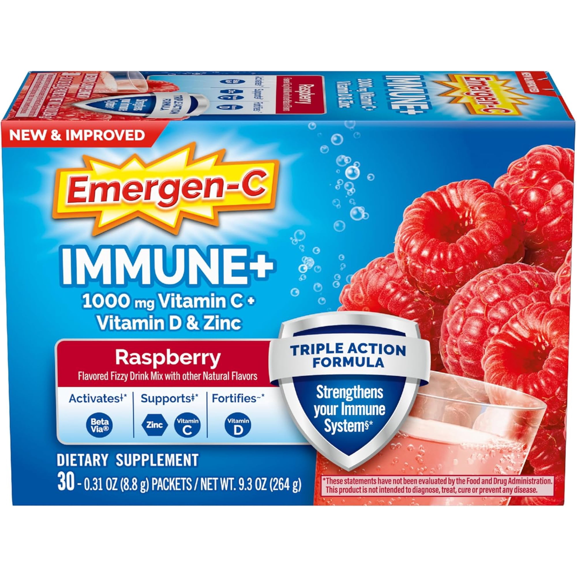 Emergen-C Immune+ (30 Count, Raspberry Flavor) System Support Dietary Supplement Fizzy Drink Mix With Vitamin D, 1000mg Vitamin C plus Antioxidants & Electrolytes, 0.32 Ounce Packets