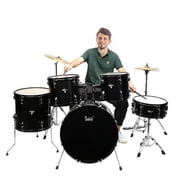 Hassch Full Size Adult Drum Set 5-Piece Black With Bass Drum, Two Tom Drum, Snare Drum, Floor Tom, 16 Ride Cymbal, 14 Hi-Hat Cymbals, Stool, Drum Pedal, Sticks