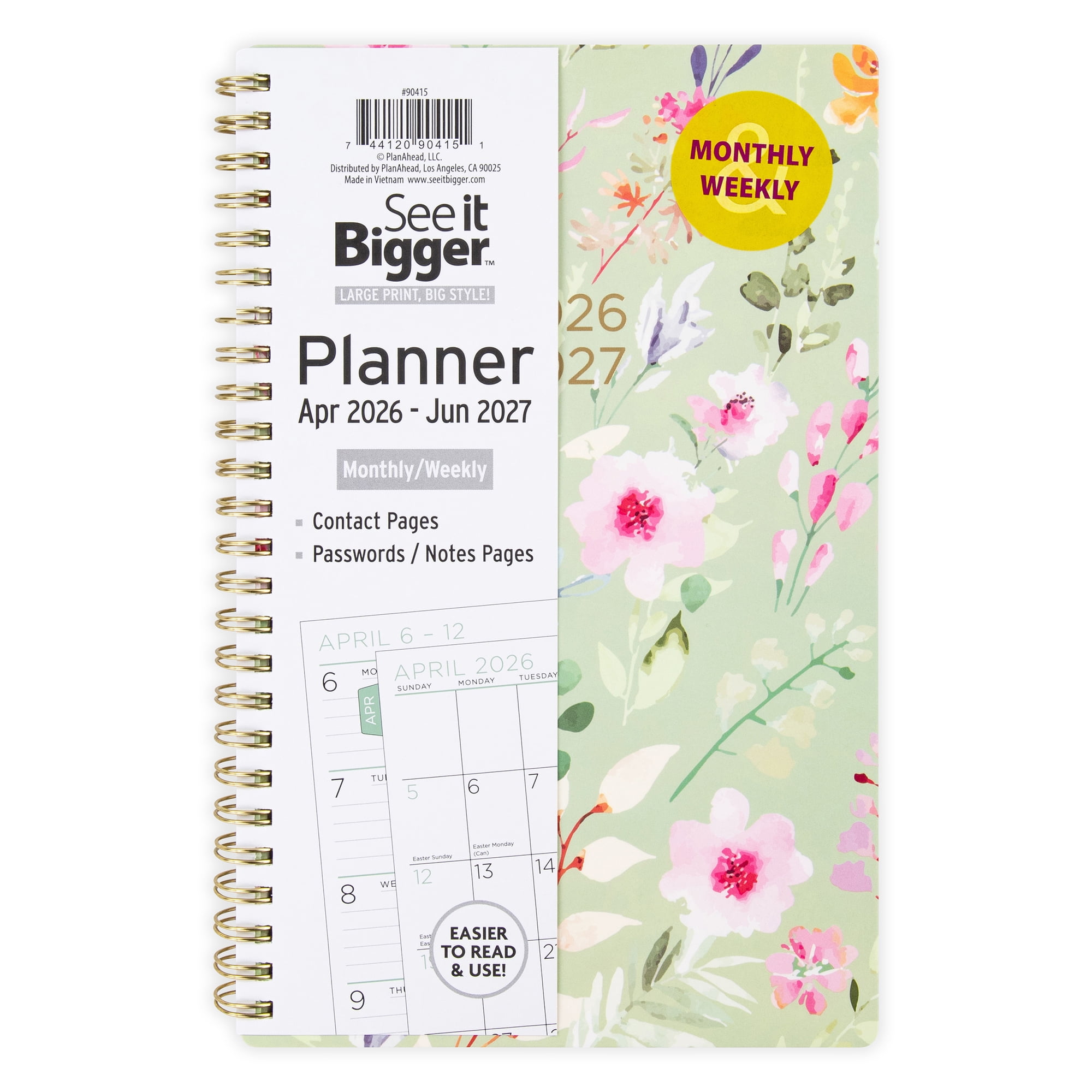 See It Bigger M/W Planner, Medium (5.5" x 8.75"), Floral, 15-Month: Apr 2026 - Jun 2027