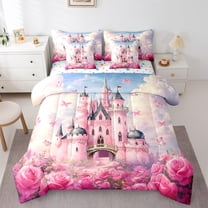 Homewish Girly Pink Castle Bedding Comforter Set 7pcs for Kids, Romantic Rose Flower Queen Bedding Sets, Princess Cartoon Theme Reversible Queen Sheet Sets, Super Cozy Room Decor