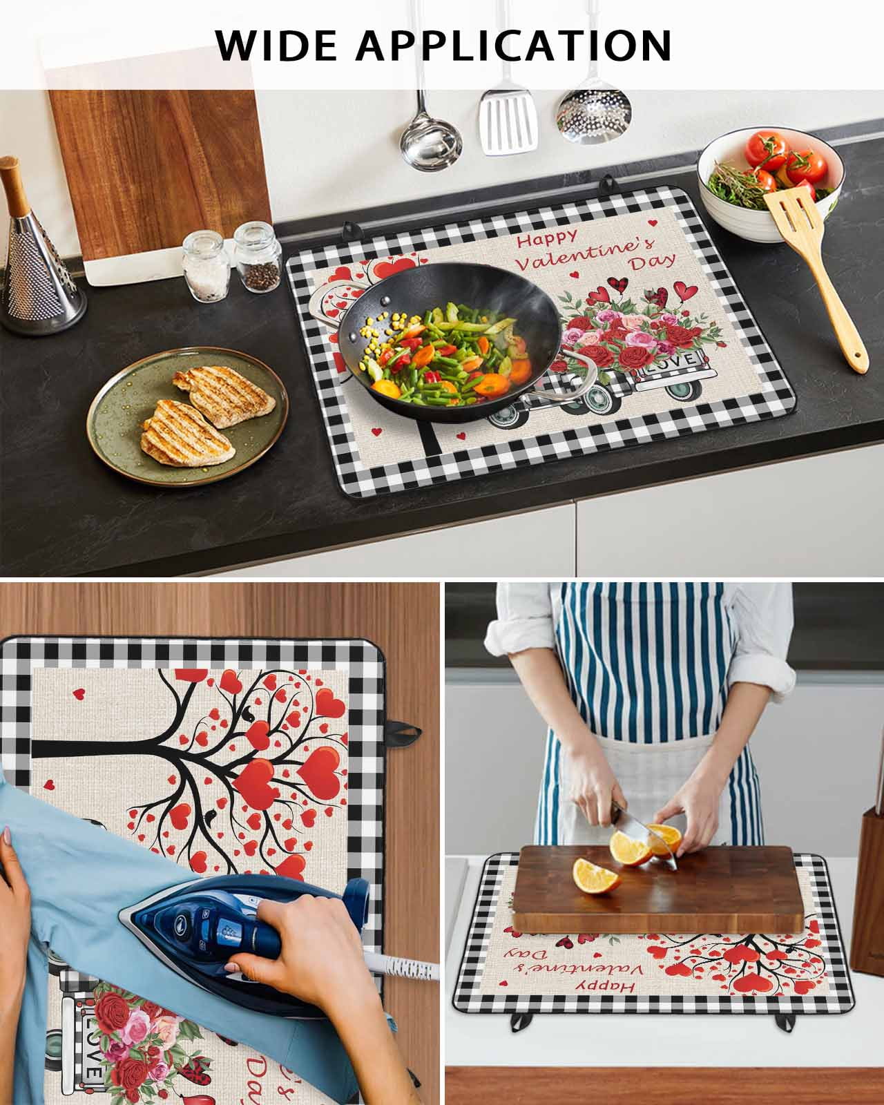 Large Induction Cooktop Protector Mat Valentine's Day Stove Top Covers for Electric Stove, Love Heart Roses Black White Plaid Romantic Rustic Decorative Stove Burner Cover Mats, Glass Top Stove Cover