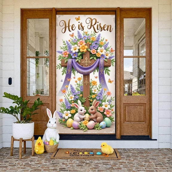 Cross Design Easter Banner Purple Ribbon Resurrection Display Floral Decor Butterfly Accent Christian Backdrop for Easter Church Event Religious Gathering