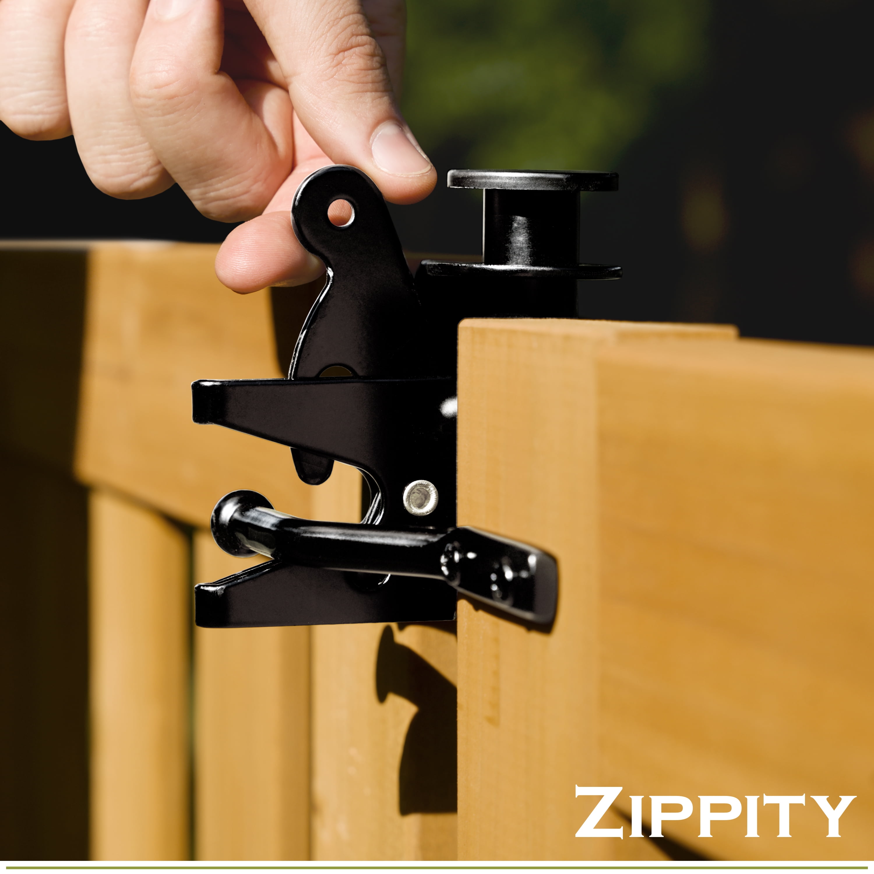 Gate Latch Hardware for the Newberry Wood Fence by Zippity Outdoor Products. The Newberry Fence is Designed So That Any Panel Can Be Converted to a Gate Using The Locking Latch Hardware Kit, ZPI19082