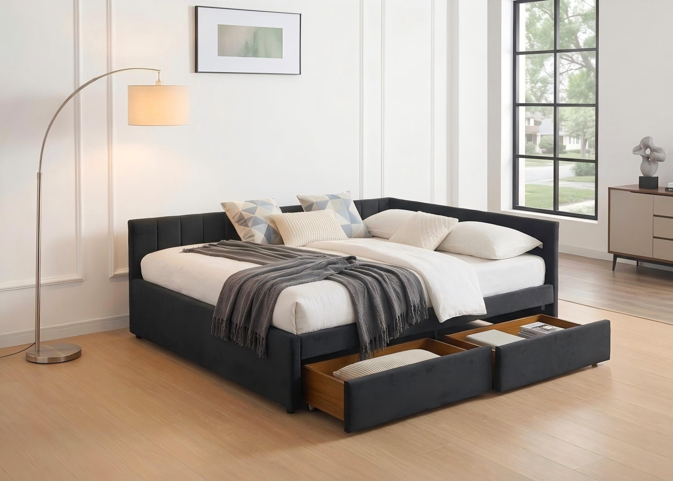 Aukfa Full Size Upholstered Daybed with 2 Storage Drawers, Velvet L-Shaped Channel-Tufted Headboard, Black