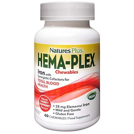 NaturesPlus Hema-Plex Iron - 60 Mixed Berry Chewables - 85 mg Elemental Iron - Total Blood Health - with Vitamin C & Bioflavonoids - Vegan, Gluten Free - 20 Servings