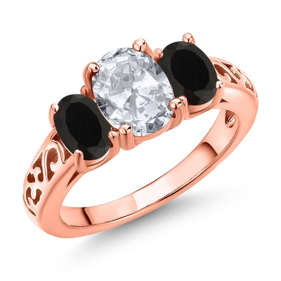 Gem Stone King 18K Rose Gold Plated Silver White Topaz and Black Onyx Filigree Style 3 Stone Ring for Women (2.30 Cttw, Oval 8X6MM and 6X4MM) (Size 8)