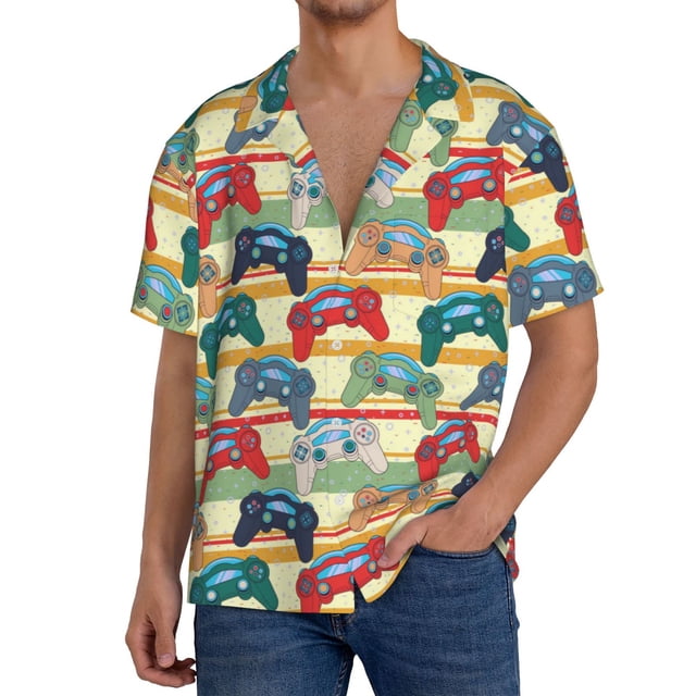 Fotbe Retro With Joysticks Camisa Estampada de Manga Corta para Hombre, Casual de Verano, Estilo Playero, Sin Arrugas-Small