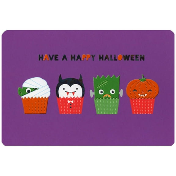 Pictura 4 Cute Halloween Cupcakes on Purple Die Cut Juvenile Halloween Card for Kid : Kids : Children