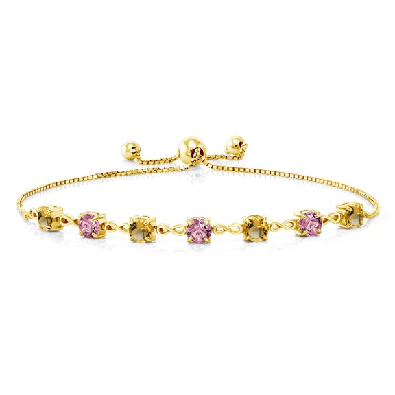 18K Yellow Gold Plated Silver Yellow Citrine and Pink Lab Grown Diamond Infinity Tennis Bracelet for Women (2.36 Cttw, Gemstone November Birthstone, Round 4.5MM, Fully Adjustable up to 9 inch)