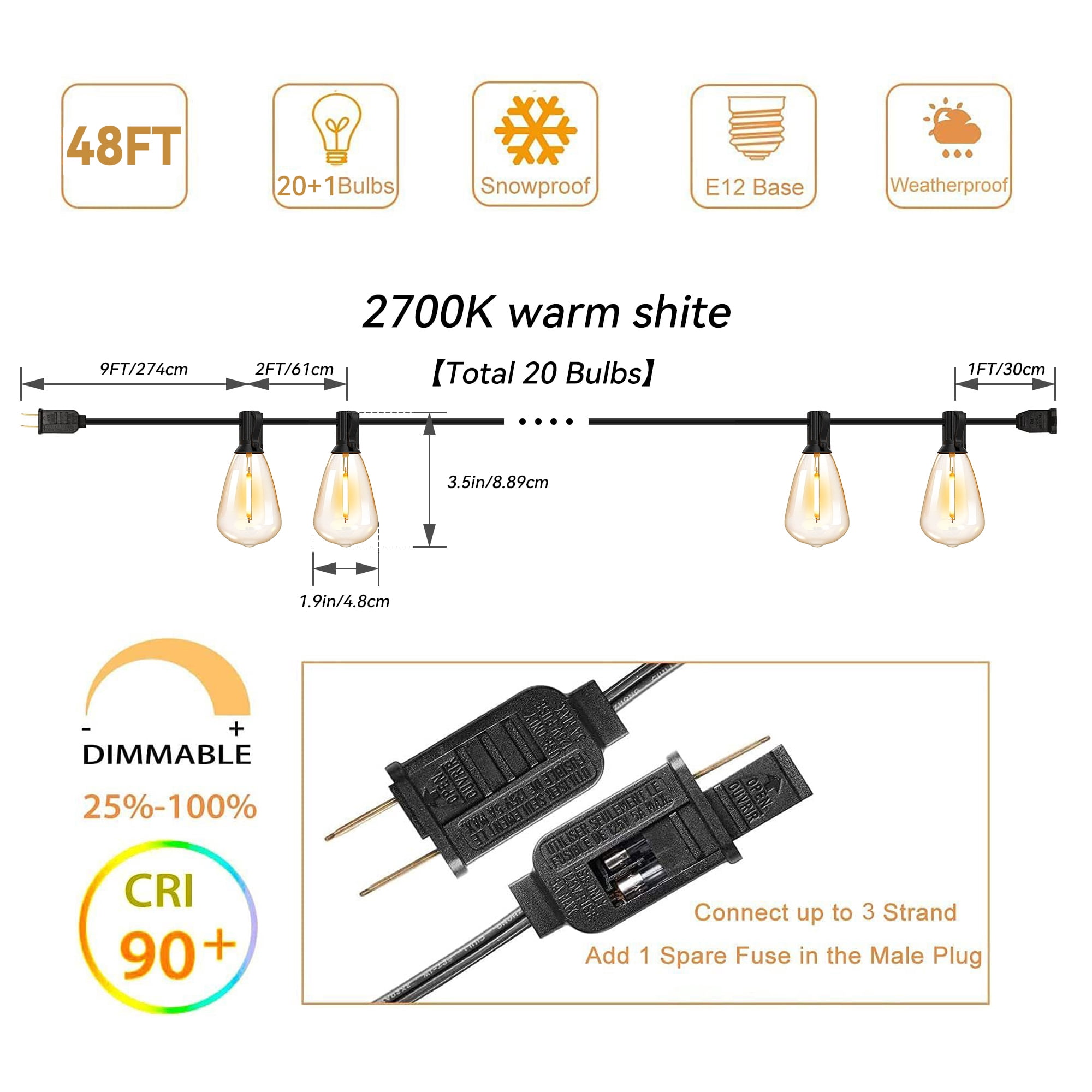 Hyrion ST38 Outdoor String Lights, 48ft Connectable Pitao Lights with 2700K Waterproof Bulbs, Dimmable Hanging Lights for Porch Yard Canopy
