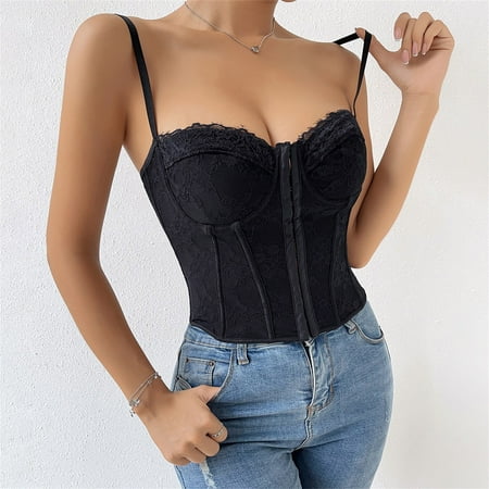 

Yuelianxi Womens Summer Lace Bustier Mesh Fashion Vintage Spaghetti Strap Open Back Boned Corset Going Out Party Crop Top