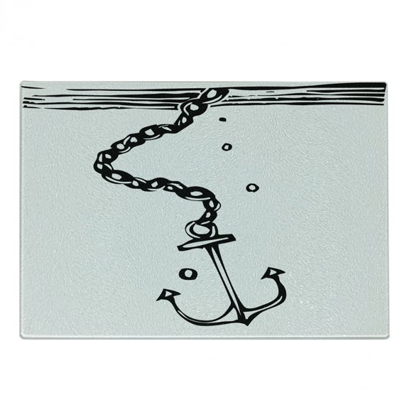 Anchor Cutting Board, Nautical Themed Monochrome Illustration with Chains and Sinking Anchor Naval, Decorative Tempered Glass Cutting and Serving Board, in 3 Sizes, by Ambesonne