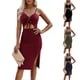 thumbnail image 1 of Women Sexy Cotton Strap Deep V Neck Outfits Dress Solid Color Crop Top High Split Maxi Dresses, Red (M), 1 of 5