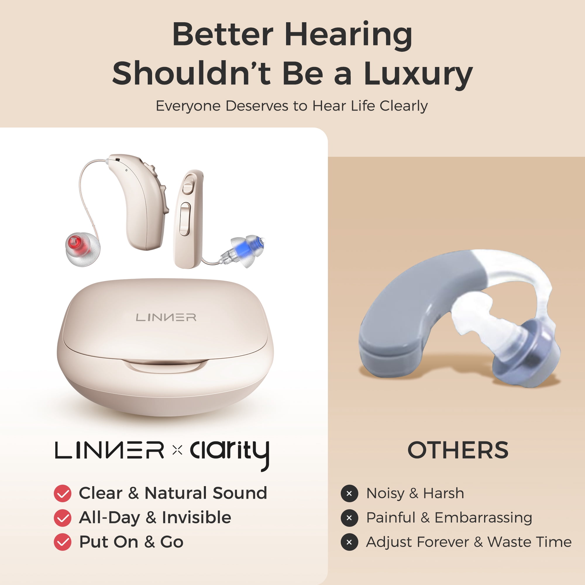 LINNER Hearing Aids for Seniors, Clarity Behind-the-Ear Rechargeable, Beige