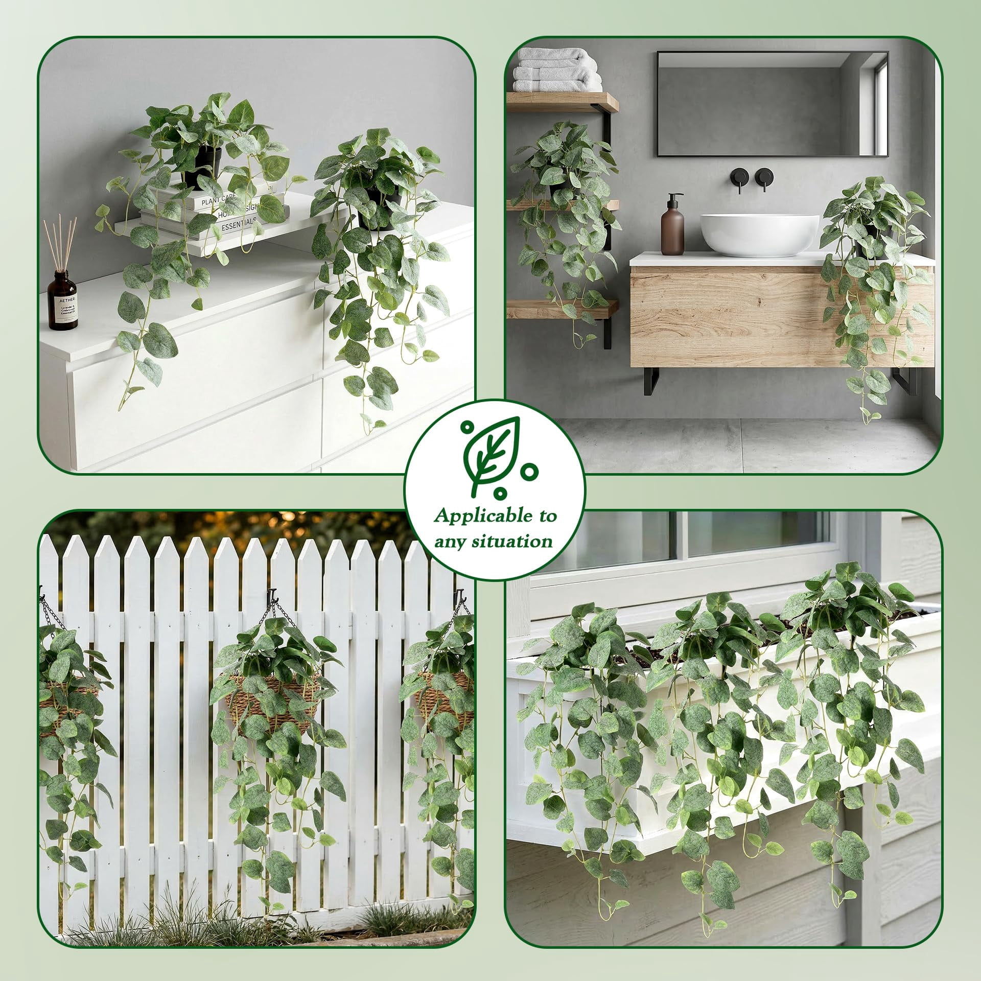 Fake Hanging Plants with Pots - Realistic Artificial Plant for Indoor Outdoor, 33In Silk Fake Potted Plants, 2PC Faux Ivy Vine for Shelf Tabletop Office Decor, Dark Green