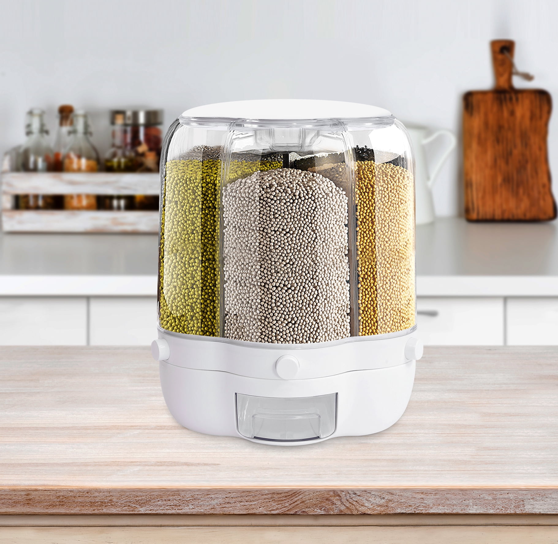 12.5kg/28lbs Rice Dispenser, 6 Grid 360° Rotating Rice Container Cereal Dispenser with Lid, Grain Storage Organizer Holder for Kitchen Countertop Dry Food, White