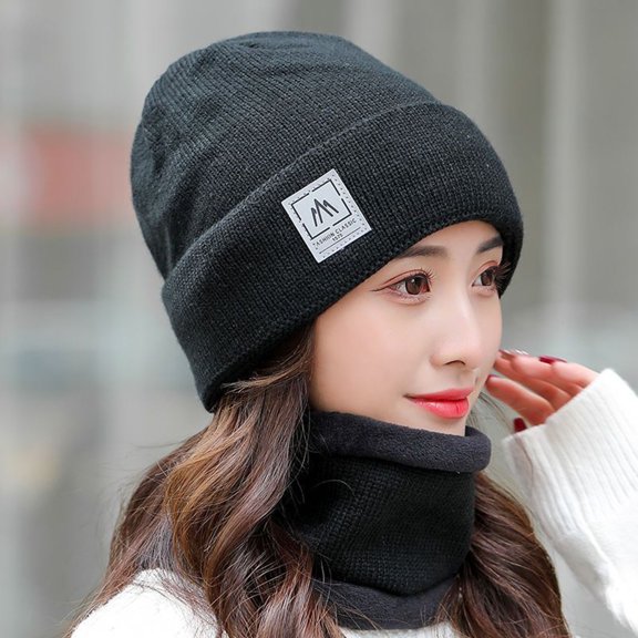 Naierhg 2 Pcs/Set Women Winter Hat Scarf Set Knitted Thickened Solid Color Warm Windproof Elastic Anti-slip Plush Cycling Neck Wrap Beanie Set Lady Neck Warmer Cap Set for Winter Navy Blue