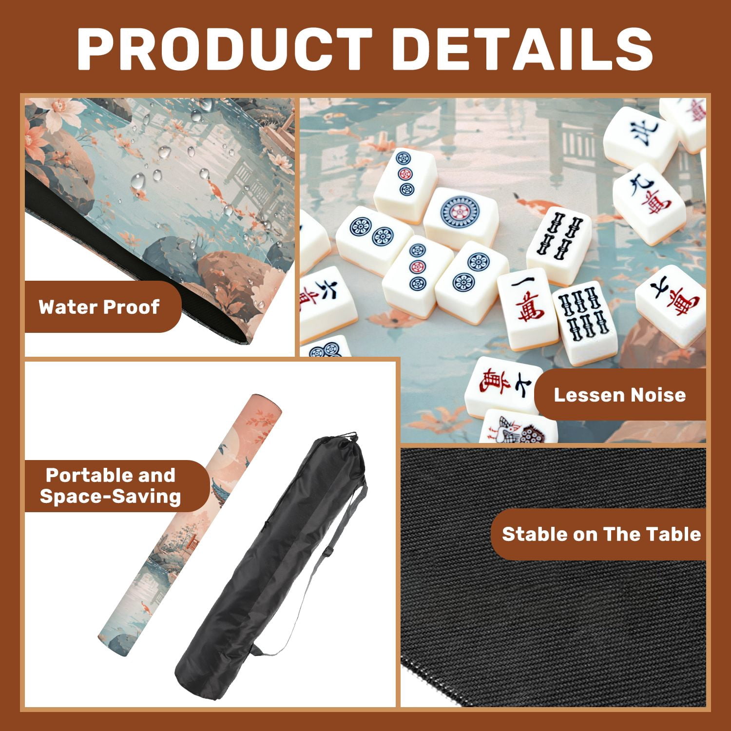 Mahjong Mat 31.5" x 31.5" Oriental Garden Scene Pagoda Blossoming Flowers Birds Pastel Colors Non-Slip Noise Reduction American Mahjong Tiles Table Cover for Dominoes Poker Card Board Games Gift