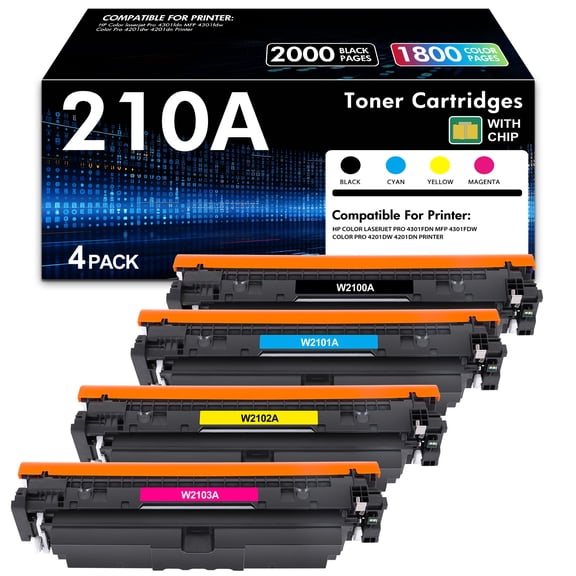 Compatible for HP 210A Toner Cartridges (with Chip) Laserjet 4201dw 4201dn Color Laserjet Pro W2100A W2100X MFP 4301fdw 4301fdn Pro 4201dw Series Printer 210A 210X Ink Pack of 4