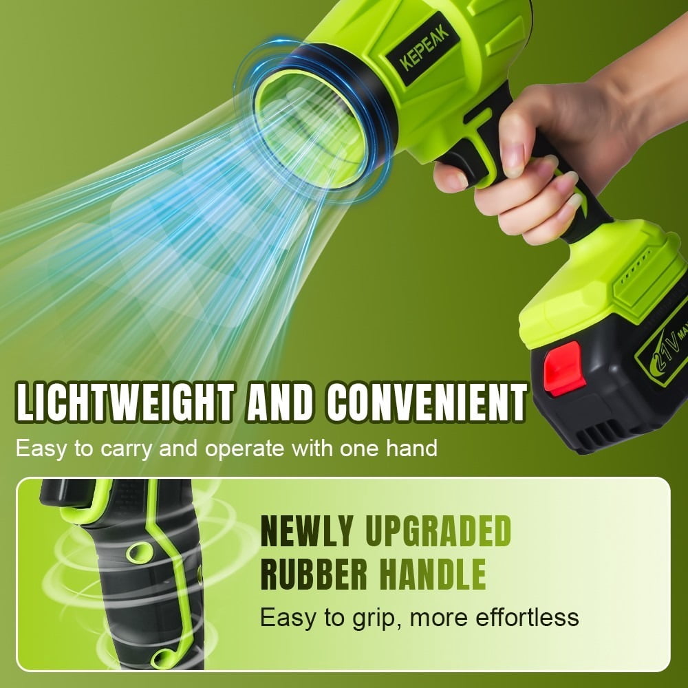 Kepeak Cordless Leaf Blower Portable Dust Cleaner Handheld Blowers 2 x 6.0Ah Batteries 180000 RPM Air Duster for Drying Patio Cleaning Green
