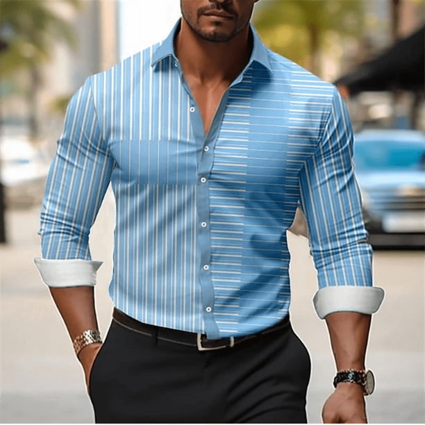 Camisa de solapa de manga larga para hombre, de moda, de negocios, a rayas, a cuadros, suave, cómoda, ligera, informal, nuevo estilo S--6XL