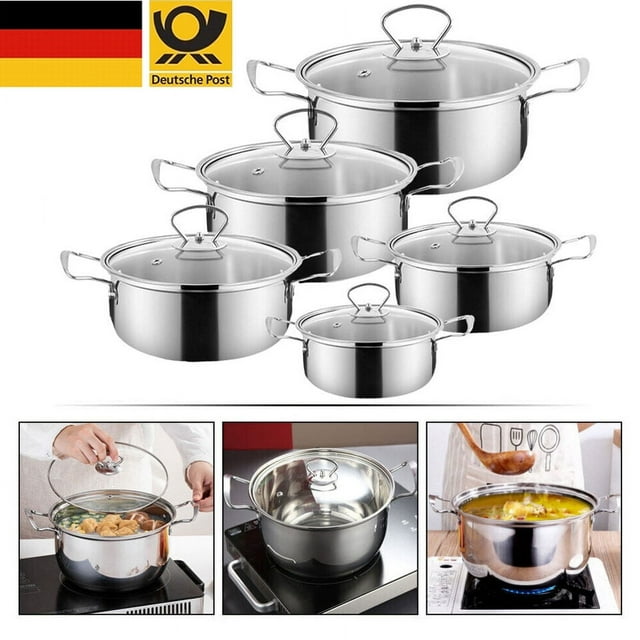 Luxurious Stainless Steel Cookware Collection, Ergonomic Stainless Steel Handles For Secure Grip, 10-Piece Set With Tri-Ply Technology For Consistent Heat, Oven-Safe Pots And Pans For Culinary Mastery