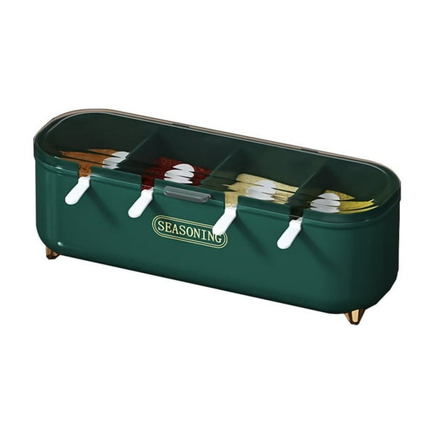 Recipiente para condimentos de 4 compartimentos, tarro de almacenamiento de especias con cucharas, organizador de especias multisección para sal, pimienta y hierbas, juego dispensador de condimentos