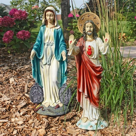 Design Toscano Devotional Art Collection Italian Style Religious Garden Statues 23 Inch Set of Two Jesus and Madonna Polyresin Full Color