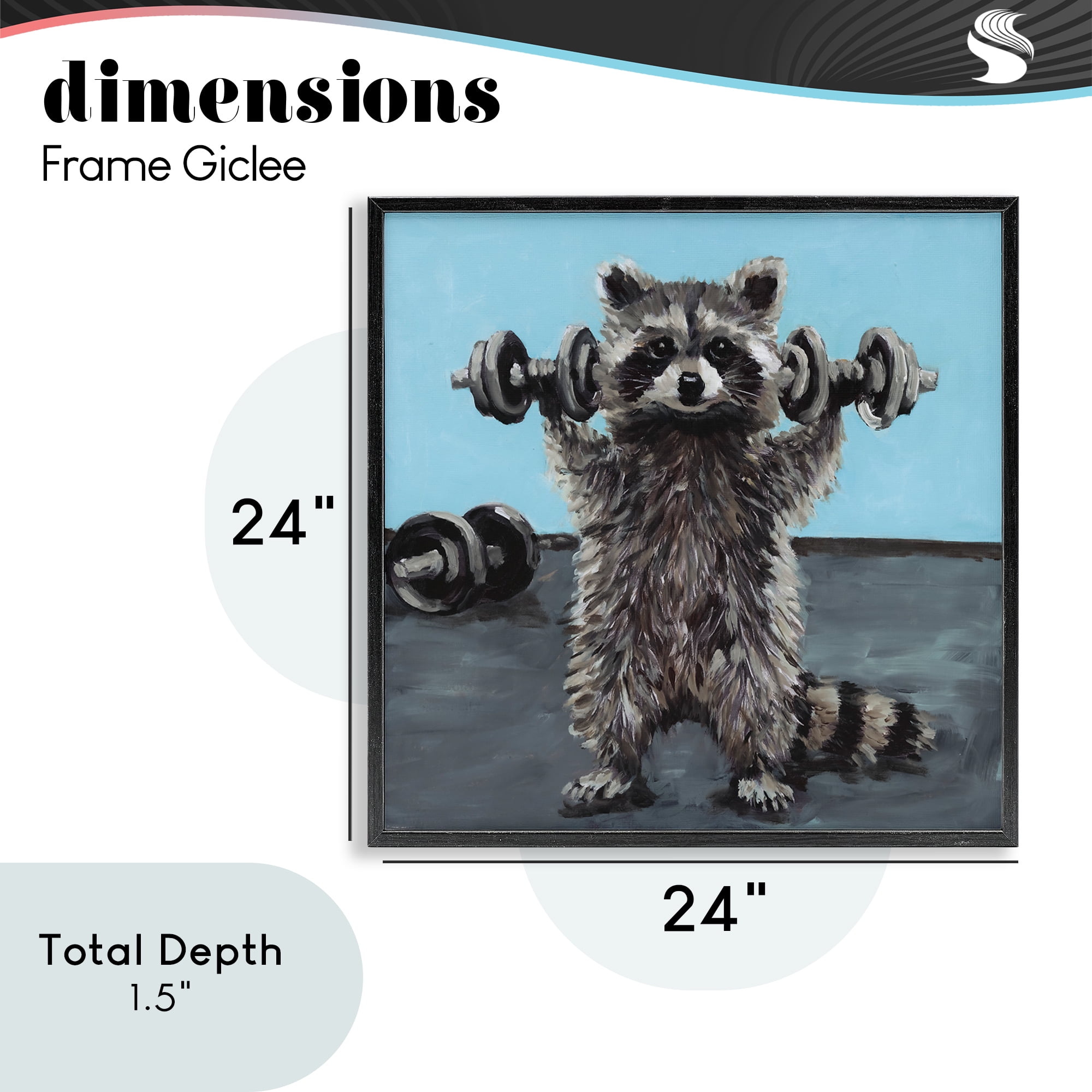 Fitness Raccoon with Weights Black Framed Giclee Art, design by Studio Bautista