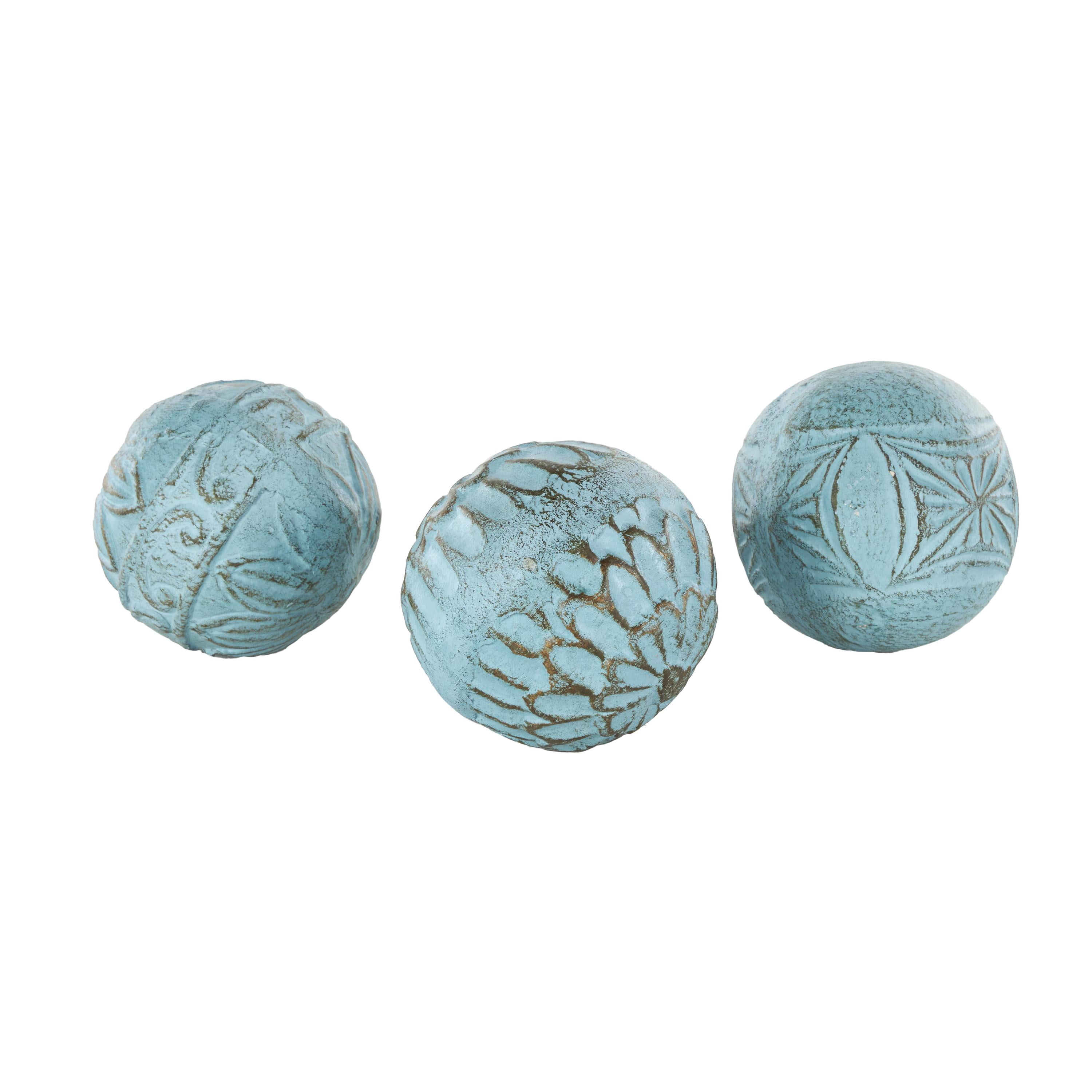 DecMode Blue 4" Handmade Intricately Carved Paper Mache Orbs & Vase Filler with Various Floral Patterns (3 Count)