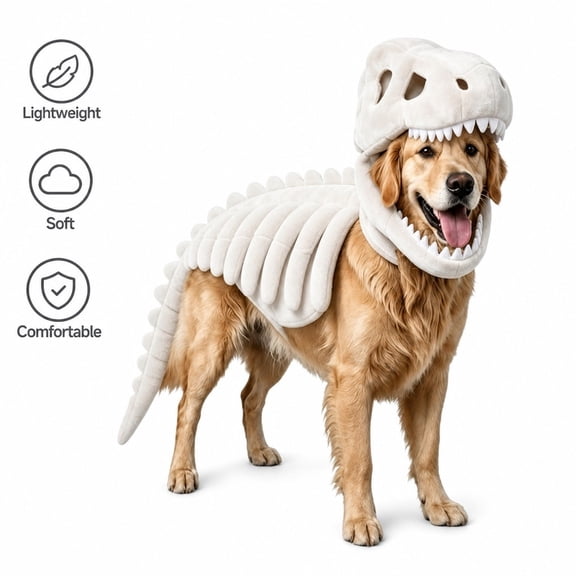 Dinosaur Skeleton Dog Costume, White 90cm XL Soft Plush Pet Halloween Dress Up Outfit for Medium Large Dogs