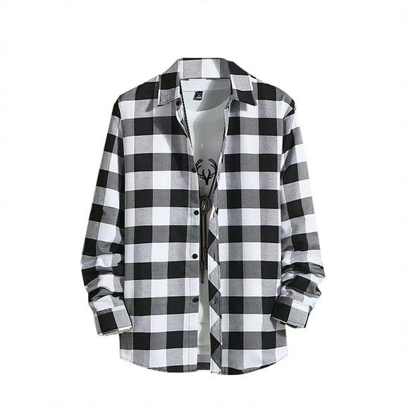 LiJinLong Men's Plaid Button Down Shirts Black and White Plaid Shirt Long Sleeve Flannel Plaid with Pockets Lightweight Casual Shirt, White XXXL