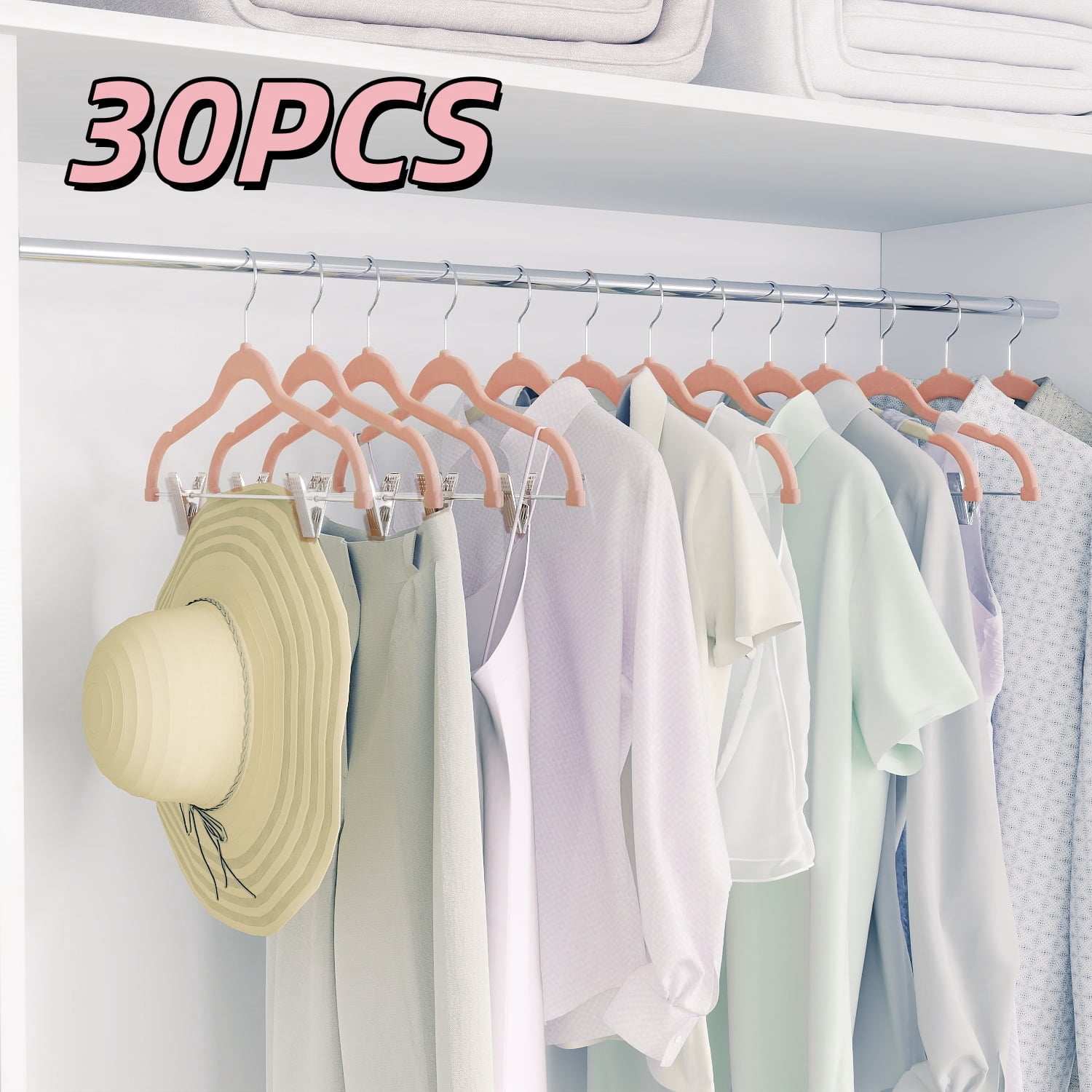 LEDREM 30-Pack Adjustable Velvet Hangers, Heavy-Duty Non-Slip Skirt Hangers, Pants Hangers with Movable Clips, Space-Saving for Dresses & Coats, Light Pink