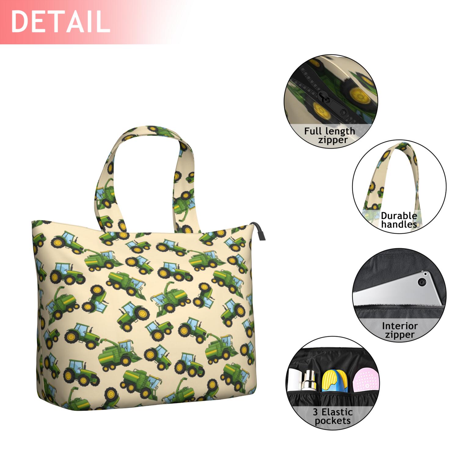 Cartoon Tractors Harvesters Beige Pattern Travel Tote Bags for Women Carry On,Large Weekender Bags for Women Travel,Multi Functional Duffle Bag for Work,Shopping,Sports