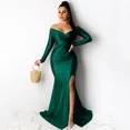 thumbnail image 2 of Vestidos de noche formales sexys con hombros descubiertos y escote oblicuo para mujer, vestidos largos de sirena con abertura y manga larga para fiestas nocturnas y clubes nocturnos, 2 of 4