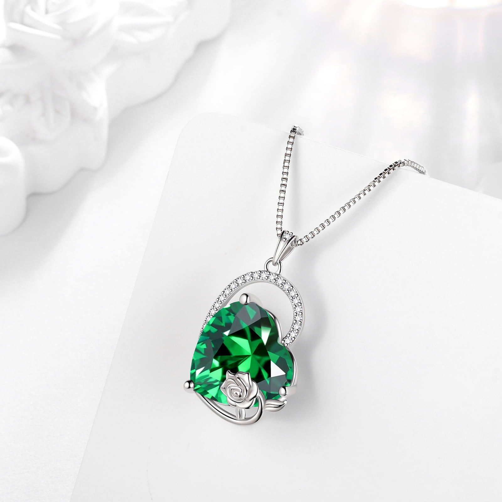 Juwaliy 925 Sterling Silver 15MM Heart Necklace Women May Birthstone Emerald Jewelry Green Rose Flower Pendant Birthday Christmas Mother's Day Gift