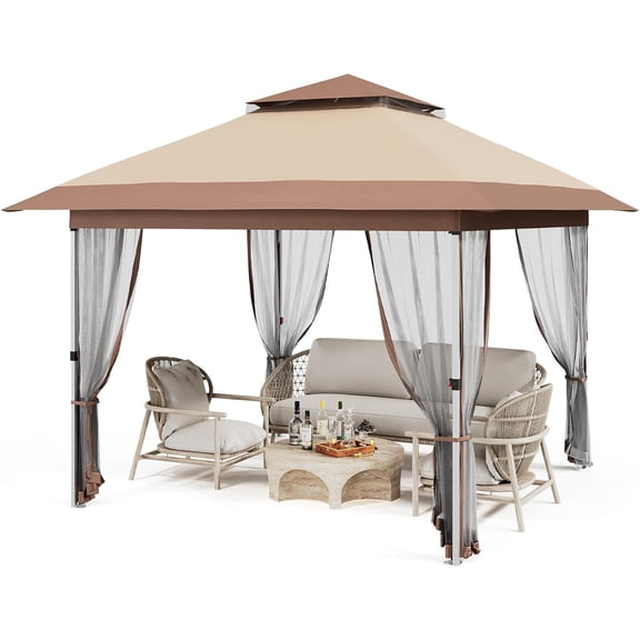 Telyswee 10x10 FT Pop Up Canopy Gazebo, Outdoor Canopy Tent with Mosquito Netting, Pop Up Canopy Tent with Curtains/Adjustable Height/Wheeled Carrying Bag for Patio Garden Backyard Lawn