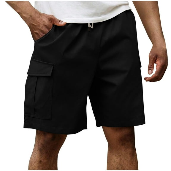 QQAMB Men's Shorts Plus Size Elastic Waisted Solid Color Casual Beach Summer Shorts with Multi Pocket Black L