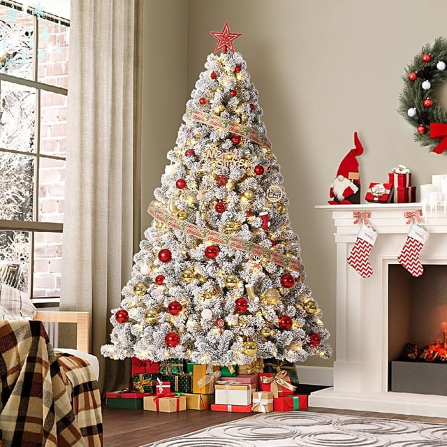 Ourlova 9Ft Pre-lit Artificial Christmas Tree Snowy Flocked Green Quick Hinged Setup Foldable Metal Base Realistic Branch Tips Indoor Holiday Decor for Home Office Party